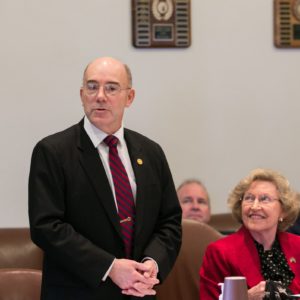 Sen. Wagoner speaks at a caucus meeting on the first day of the 2018 Legislative Session
